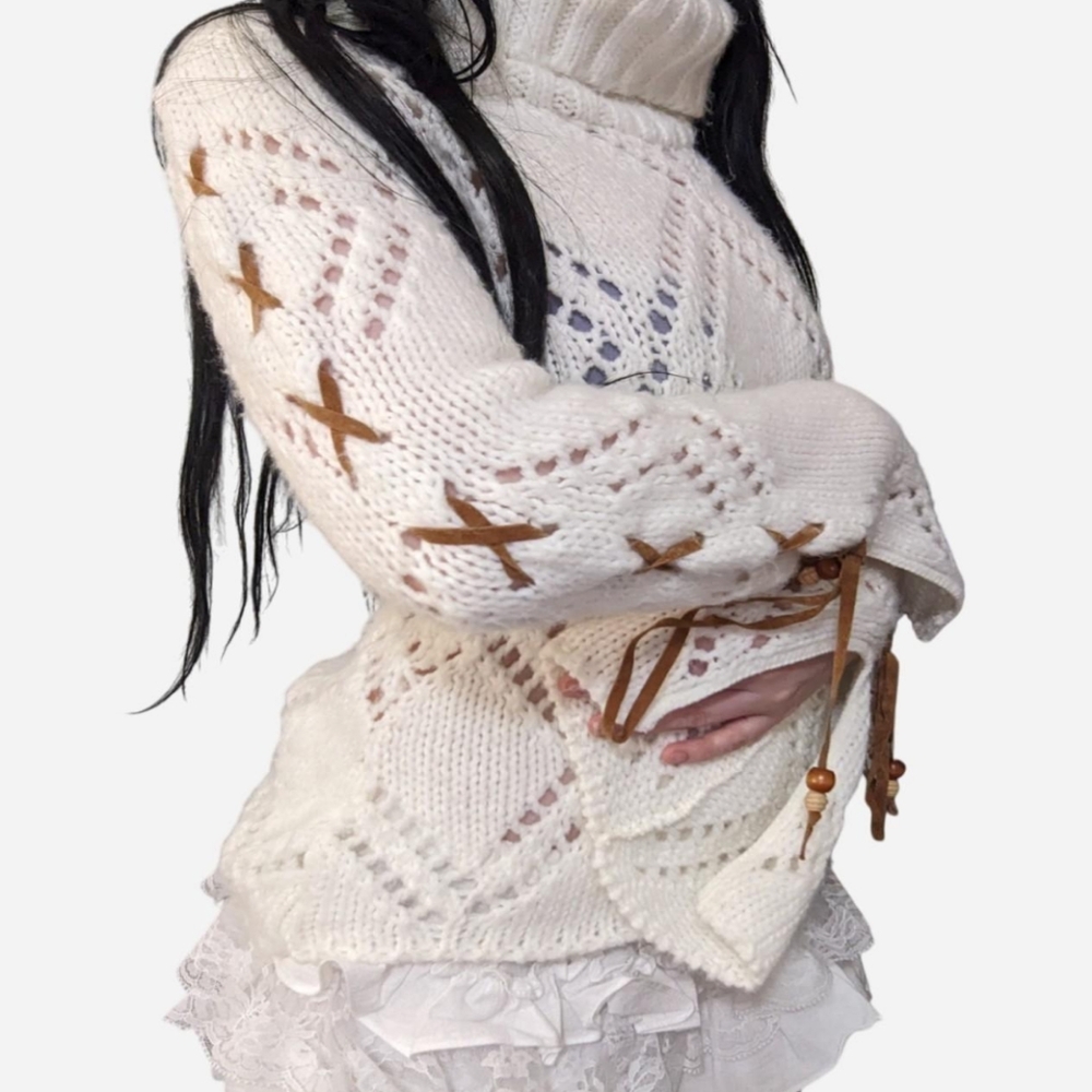 Cozy White Turtleneck Sweater with Brown Accents